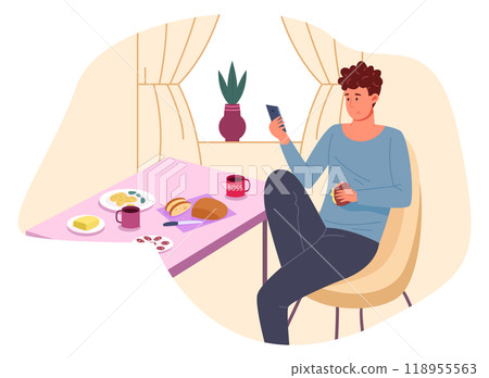 Guy using smartphone at breakfast. Social media addict 118955563