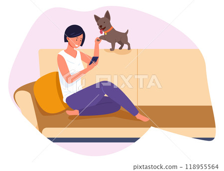 Social media addict. Woman sit on couch with smartphone Social media addict. Woman sit on couch with smartphone 118955564