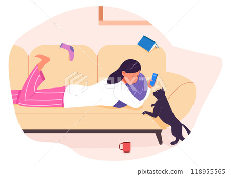 Gadget addict woman lay on home couch with smartphone 118955565