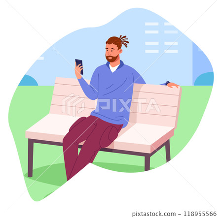 Man sit on park bench with smartphone. Happy bearded guy 118955566