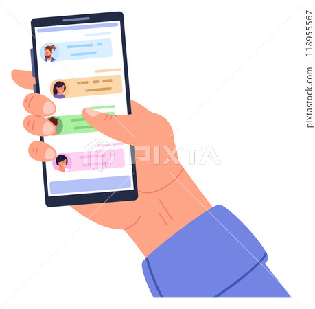 Hand hold smartphone with chat app on screen. Social communication Hand hold smartphone with chat app on screen. Social communication 118955567