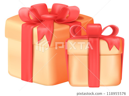 Present boxes 3d icon. Surprise gift with red bow Present boxes 3d icon. Surprise gift with red bow 118955576
