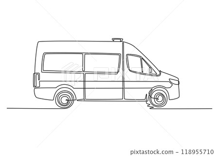 Single continuous line drawing of hospital ambulance car or vehicle to rescue critical patient at accident. 911 emergency call to help with ambulance. One line draw graphic design vector illustration 118955710