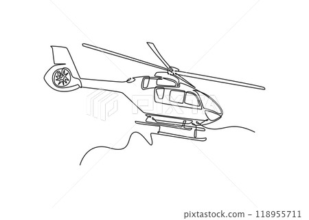 Continuous one line drawing ambulance helicopter for medical evacuation. Healthcare, hospital, medical diagnostics. Urgency and emergency services. Single line draw design vector graphic illustration 118955711