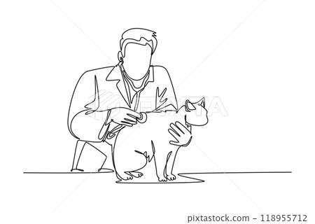 Single continuous line drawing male veterinarian examining and take care of a sick cat because of a bacteria. Pet health care service concept. Dynamic one line draw graphic design vector illustration 118955712
