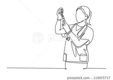 Single continuous line drawing woman doctor or scientist in laboratory holding syringe with liquid vaccines for children or adult. Fight against virus. One line draw graphic design vector illustration Single continuous line drawing woman doctor or scientist in laboratory holding syringe with liquid vaccines for children or adult. Fight against virus. One line draw graphic design vector illustration 118955717