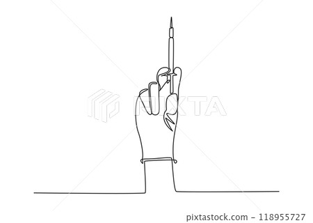 Continuous one line drawing doctor hand press syringe ready to inject shot. Vaccination and medical injection. Healthcare medical vaccine concept. Single line draw design vector graphic illustration 118955727