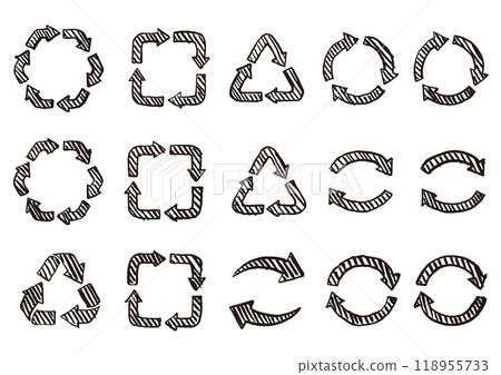 Brush-drawn recycling/circulation arrow icon set C Line drawing Black 118955733