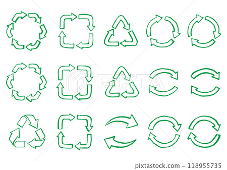 Brush-drawn recycling/circulation arrow icon set A Line drawing Green 118955735