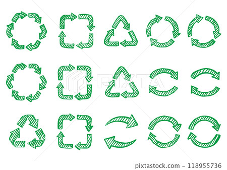 Brush-drawn recycling/circulation arrow icon set B Line drawing Green Brush-drawn recycling/circulation arrow icon set B Line drawing Green 118955736