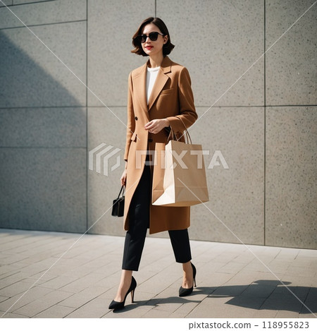 一位年輕女子購物後背著包包回家 一位年輕女子購物後背著包包回家 118955823