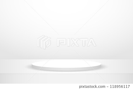 White podium background. 3d stage with soft shadow. Realistic studio platform. Light room with pedestal. Grey table with displaying product place. Showcase template. Vector illustration 118956117