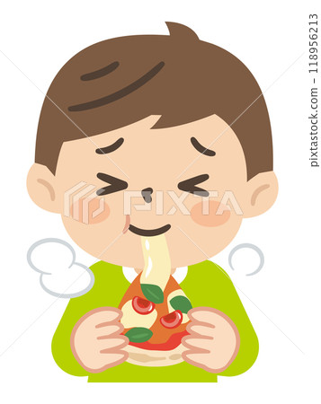 一個男孩吃披薩的插圖 118956213
