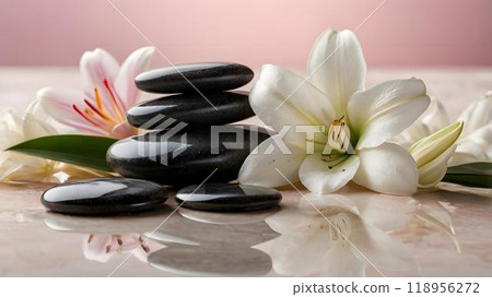 Zen stones and candles for relaxation/lily flower 118956272