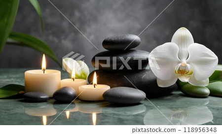 用禪石和蠟燭/蝴蝶蘭花放鬆身心 用禪石和蠟燭/蝴蝶蘭花放鬆身心 118956348