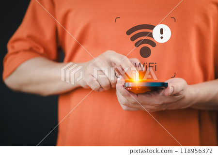 Man using mobile phone searching for wifi signal. But the mobile phone does not receive any signal. Technology communication concept of connected smartphone But no service. Man using mobile phone searching for wifi signal. But the mobile phone does not receive any signal. Technology communication concept of connected smartphone But no service. 118956372