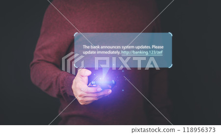 Man holding a smartphone and viewing messages on mobile phone. Fake Text message SMS scam or phishing concept. 118956373