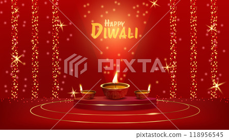 Indian festival of light Diwali. Victory goodness. Clay lamps of diya on luxurious podium. Traditional symbols colored patterns. Design banner postcard of advertising materials. Vector illustration. 118956545