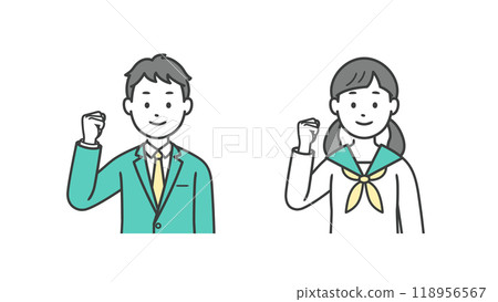 Upper body illustration of male and female students making a fist pump Upper body illustration of male and female students making a fist pump 118956567