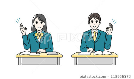 Illustration of male and female high school students making OK signs at their desks Illustration of male and female high school students making OK signs at their desks 118956573