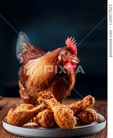 A rooster stands proudly behind a plate piled high with golden brown fried chicken. A rooster stands proudly behind a plate piled high with golden brown fried chicken. 118957023