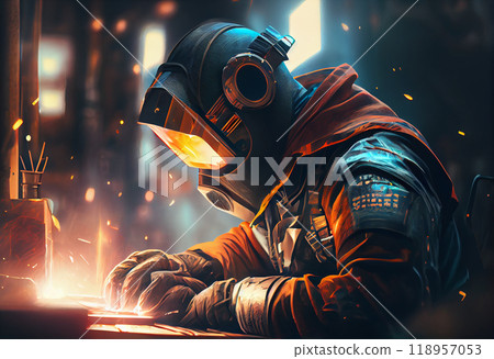 Workers wearing industrial uniforms and Welded Iron Mask at Steel welding plants, industrial safety first concept. 118957053