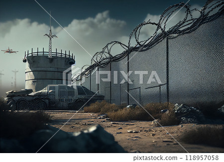 barbed wire fence around military base with guards barbed wire fence around military base with guards 118957058