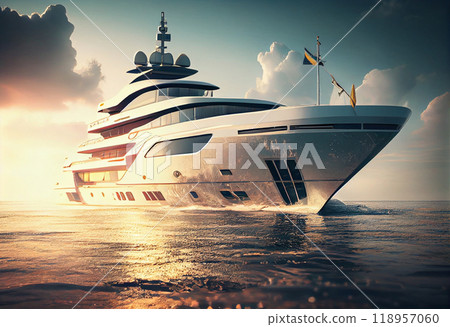 White and blue luxury yacht in motion on the Mediterranean sea, side view, Liguria, Italy, Europe White and blue luxury yacht in motion on the Mediterranean sea, side view, Liguria, Italy, Europe 118957060