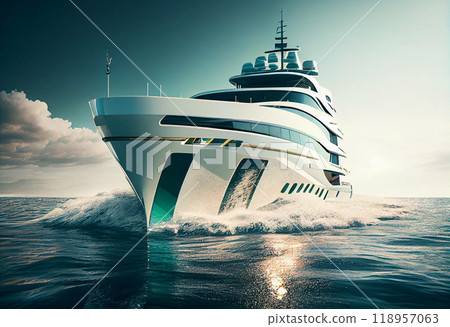 White and blue luxury yacht in motion on the Mediterranean sea, side view, Liguria, Italy, Europe White and blue luxury yacht in motion on the Mediterranean sea, side view, Liguria, Italy, Europe 118957063