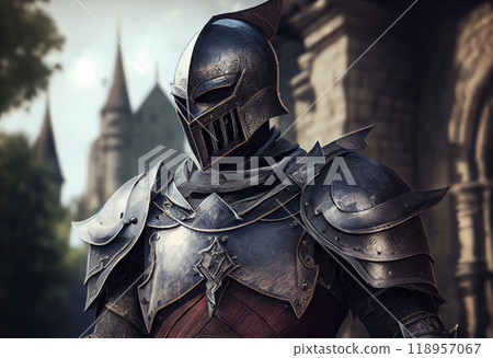 Knight in shining armor. Detail metal helmets. Medieval warrior Knight in shining armor. Detail metal helmets. Medieval warrior 118957067