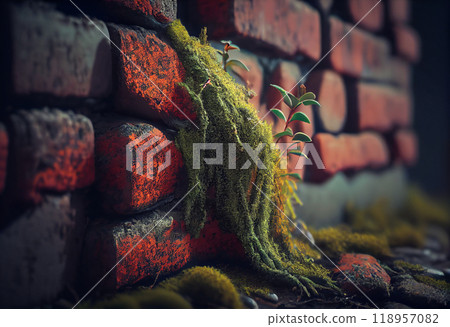 Close-up of a brick wall with moss Close-up of a brick wall with moss 118957082