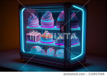 small kitchen appliances fridge with neon colors illumination. modern household refrigerator with glass door. small kitchen appliances fridge with neon colors illumination. modern household refrigerator with glass door. 118957086