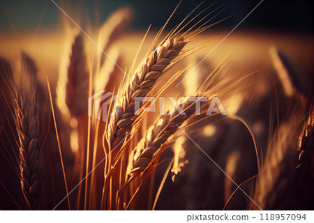 Close-up of wheat ears against a wheat field Close-up of wheat ears against a wheat field 118957094
