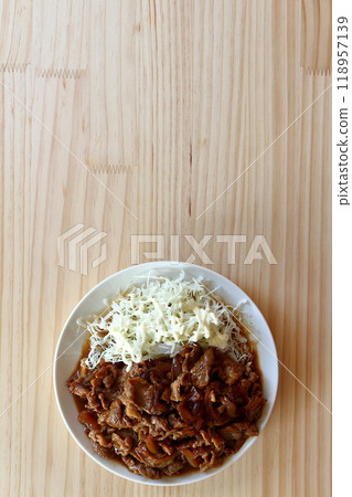 Pork mince with ginger and shredded cabbage with mayonnaise Pork mince with ginger and shredded cabbage with mayonnaise 118957139