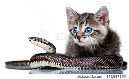 A wide-eyed kitten observes a snake slithering past, curiosity and caution mingling in its gaze. A wide-eyed kitten observes a snake slithering past, curiosity and caution mingling in its gaze. 118957165