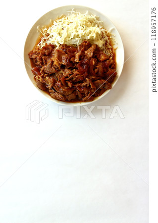 Pork mince with ginger and shredded cabbage with mayonnaise Pork mince with ginger and shredded cabbage with mayonnaise 118957176