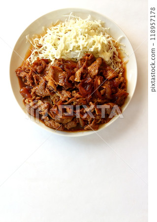 高麗菜絲配薑汁烤豬肉和蛋黃醬 118957178