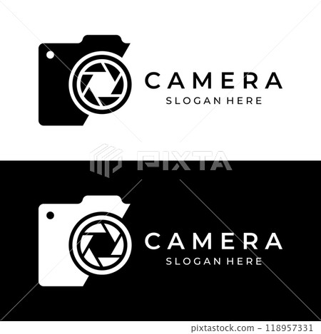 Photography camera logo, lens camera shutter, digital, line, professional, elegant and modern. Logo can be used for studio, photography and other businesses. Using vector illustration editing 118957331