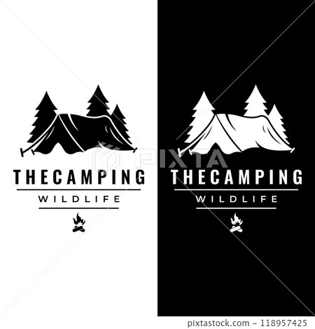 Vintage and retro outdoor camping or camping tent template logo.With tent, trees and campfire sign.Camping for adventurers, scouts, climbers. Vintage and retro outdoor camping or camping tent template logo.With tent, trees and campfire sign.Camping for adventurers, scouts, climbers. 118957425