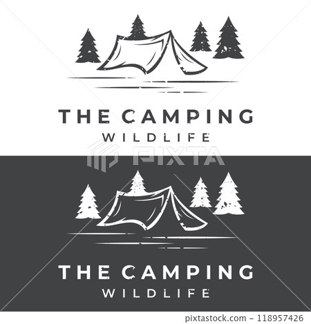 Vintage and retro outdoor camping or camping tent template logo.With tent, trees and campfire sign.Camping for adventurers, scouts, climbers. Vintage and retro outdoor camping or camping tent template logo.With tent, trees and campfire sign.Camping for adventurers, scouts, climbers. 118957426
