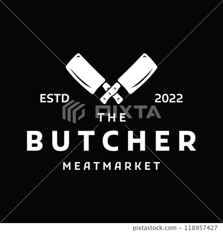 Fresh butcher shop logo template with knife and vintage farm animals. Logos for businesses, restaurants, labels, stamps and fresh butcher shops. 118957427