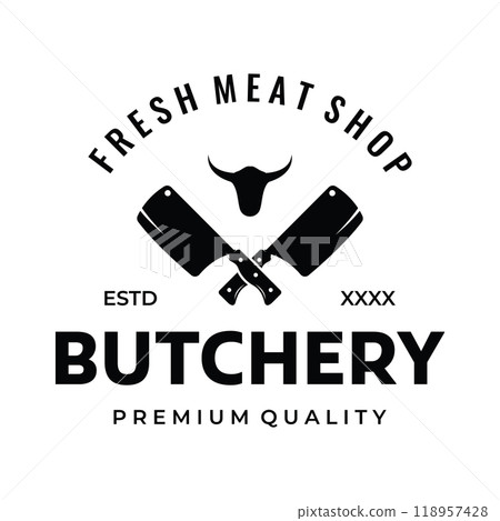 Fresh butcher shop logo template with knife and vintage farm animals. Logos for businesses, restaurants, labels, stamps and fresh butcher shops. 118957428