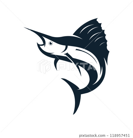 Creative abstract logo design of swordfish or marlin fish silhouette. Marlin jumping on water. Creative abstract logo design of swordfish or marlin fish silhouette. Marlin jumping on water. 118957451