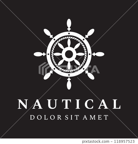 Cruise ship rudder logo template design with retro waves, ropes and anchors. Logo for business, sailors, sailing. Cruise ship rudder logo template design with retro waves, ropes and anchors. Logo for business, sailors, sailing. 118957523