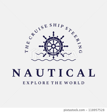 Cruise ship rudder logo template design with retro waves, ropes and anchors. Logo for business, sailors, sailing. Cruise ship rudder logo template design with retro waves, ropes and anchors. Logo for business, sailors, sailing. 118957528
