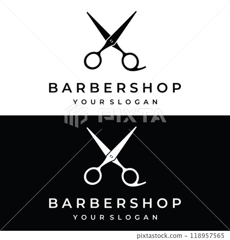 Creative and simple classic haircut salon scissors template Logo design isolated on black and white background.For business, barbershop, salon, beauty. 118957565