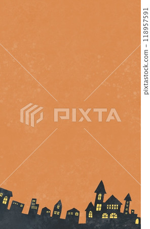 Orange background illustration with Halloween and autumn themes: cityscape silhouette Orange background illustration with Halloween and autumn themes: cityscape silhouette 118957591