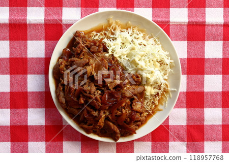 Pork mince with ginger and shredded cabbage with mayonnaise Pork mince with ginger and shredded cabbage with mayonnaise 118957768