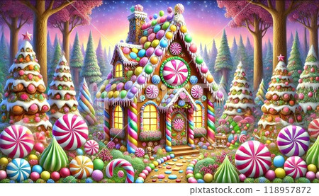 Candy house and fantasy forest decorated with colorful candies 118957872