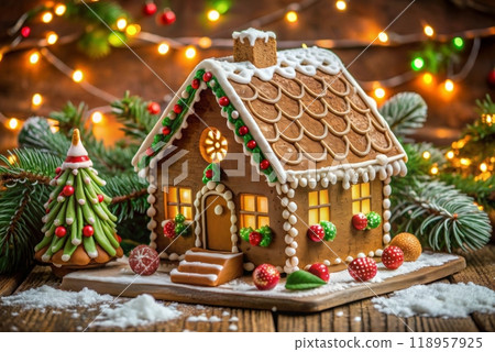 Gingerbread house decorated with colorful candies. High quality photo 118957925